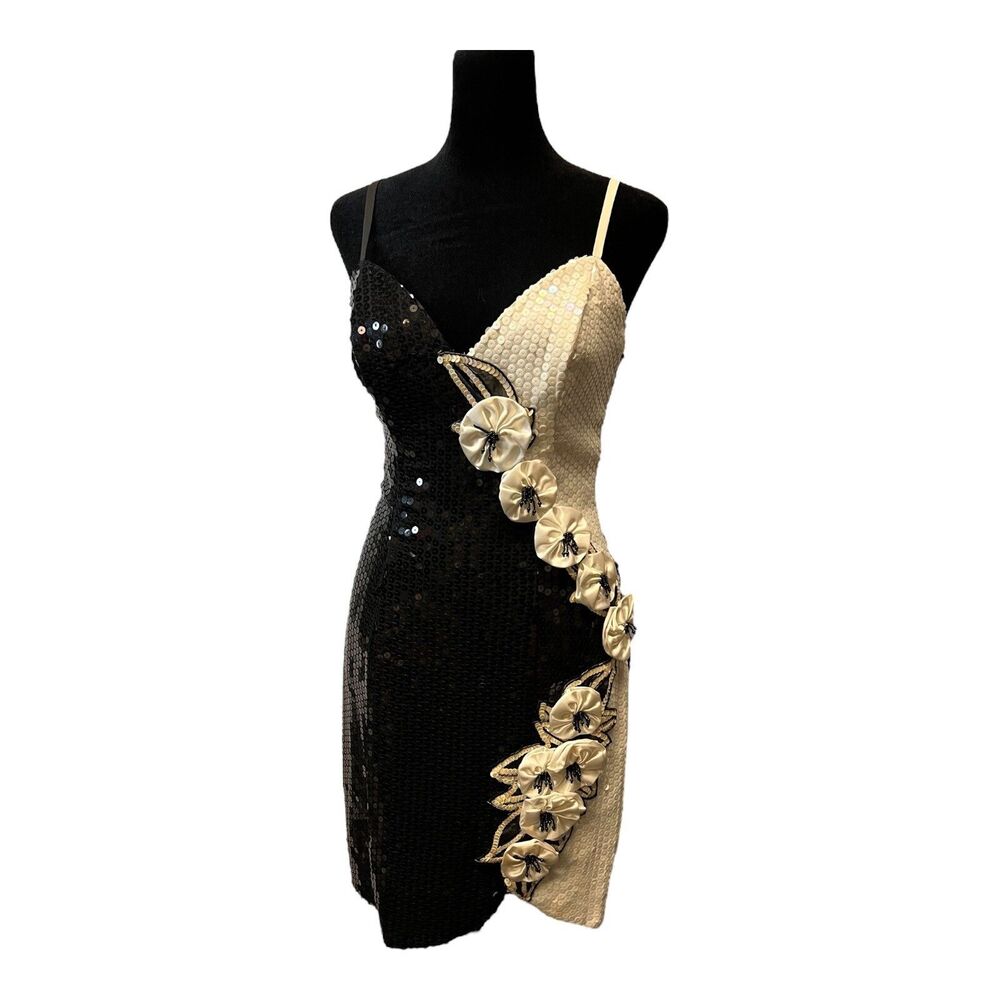 Vintage 80s Alyce Design Prom Sequin Cocktail Dress Black White Cruella de Vil 8